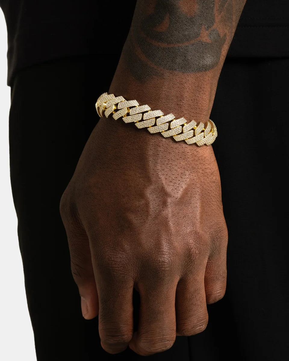 Bracelet cubain glacé 3 rangs 16 mm, finition or