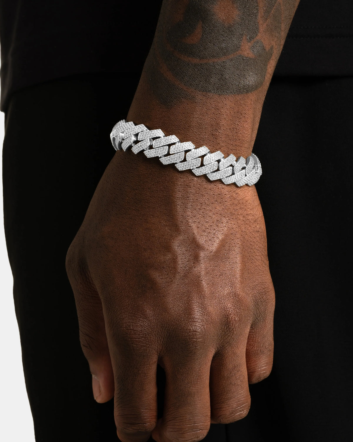 Bracelet cubain glacé 3 rangs 16 mm, finition argent