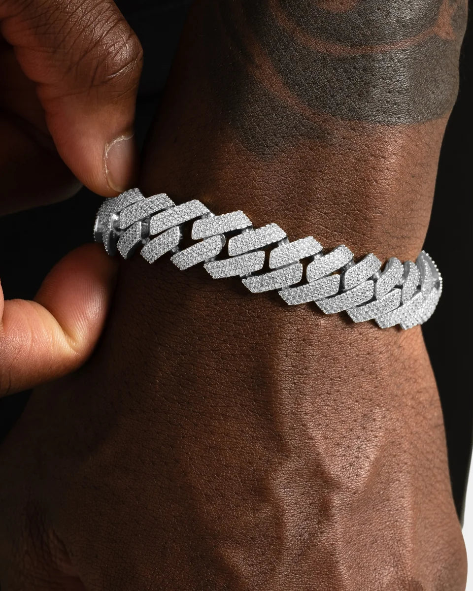 Bracelet cubain glacé 3 rangs 16 mm, finition argent, vue 2