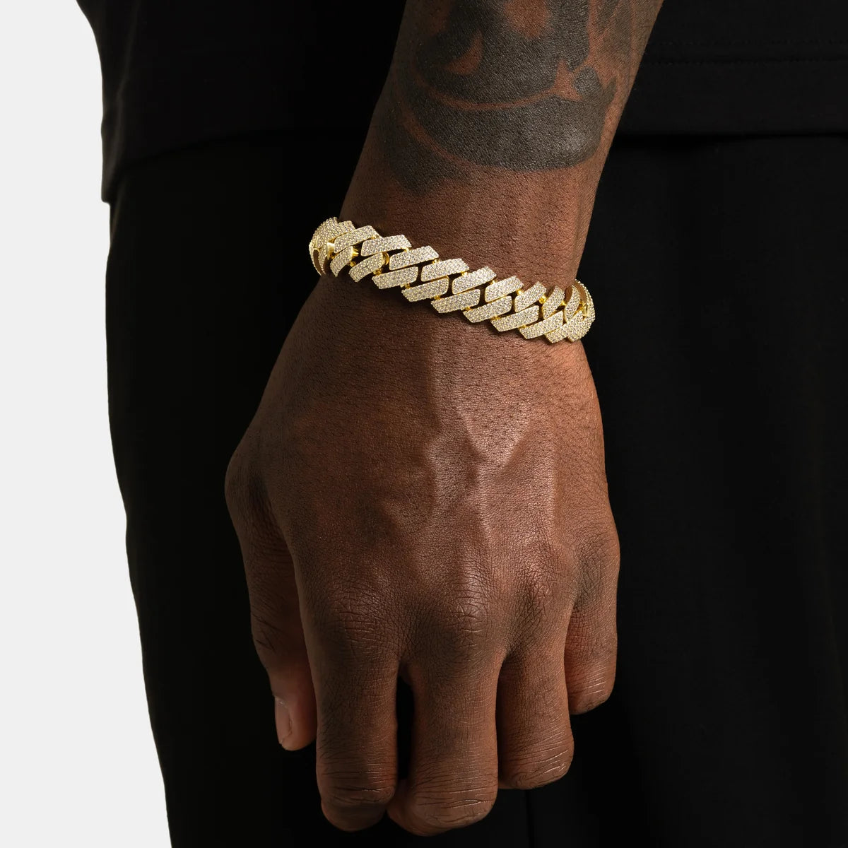 Bracelet cubain glacé 3 rangs 16 mm, finition or