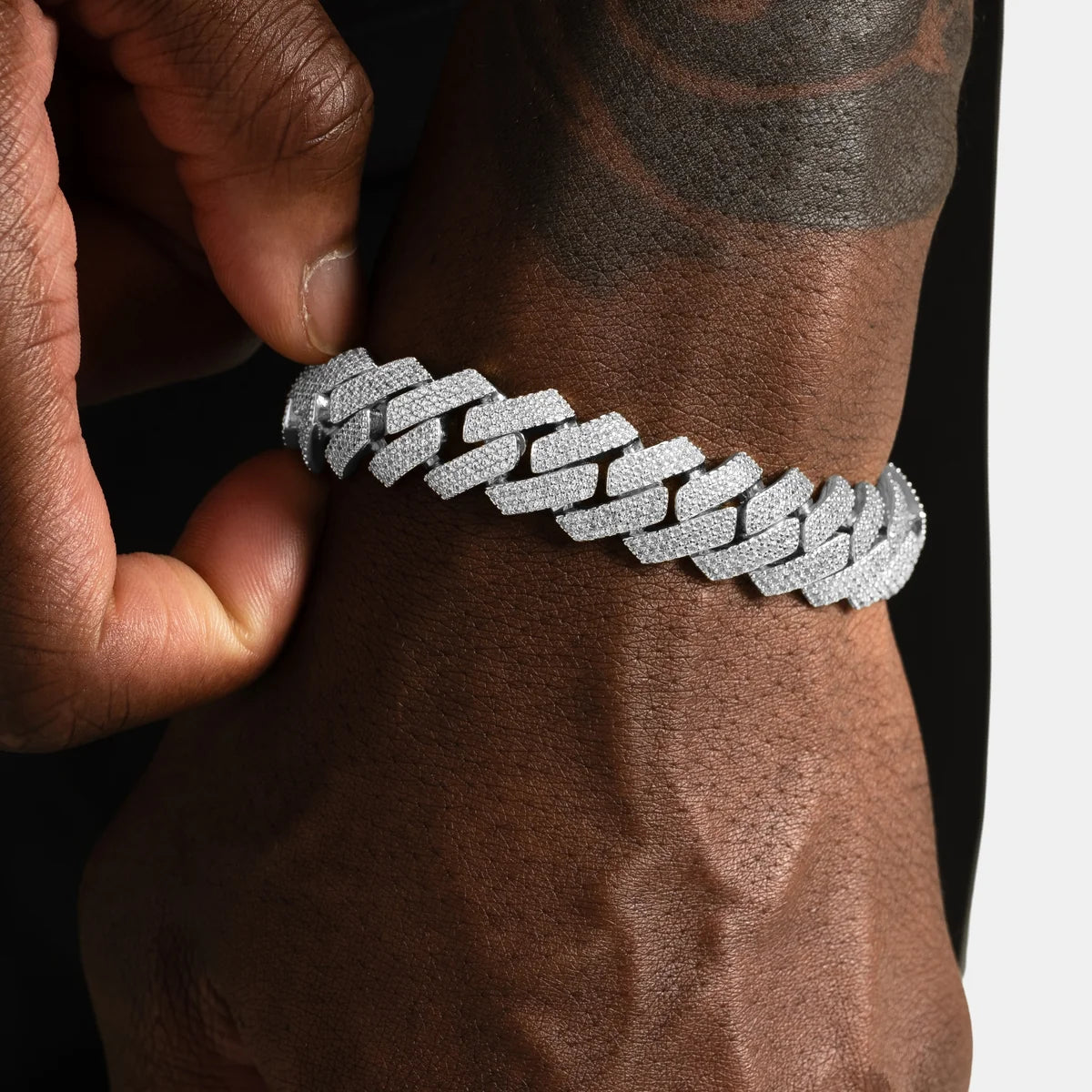 Bracelet cubain glacé 3 rangs 16 mm, finition argent, vue 2