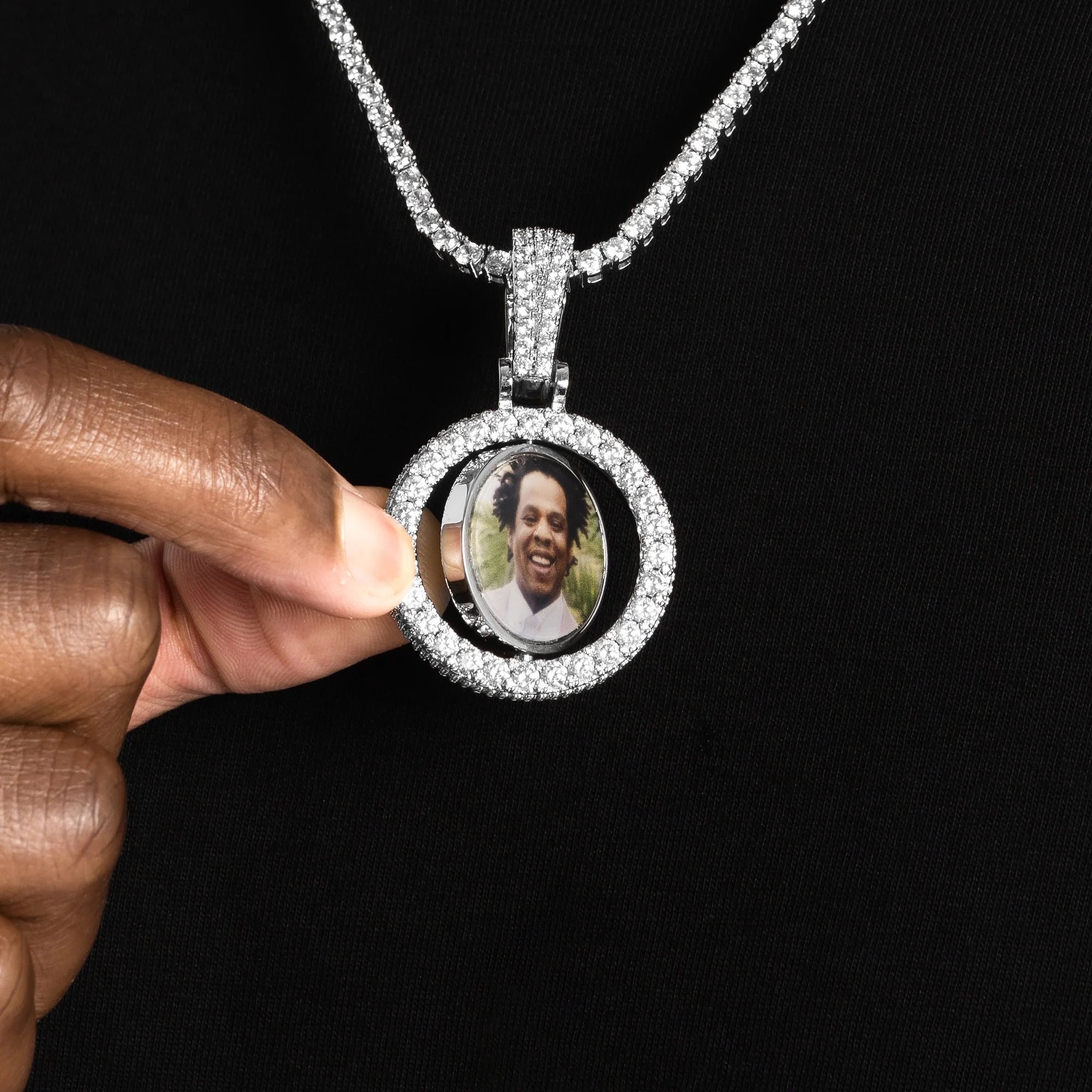 Pendentif photo rotatif glacé, finition argent