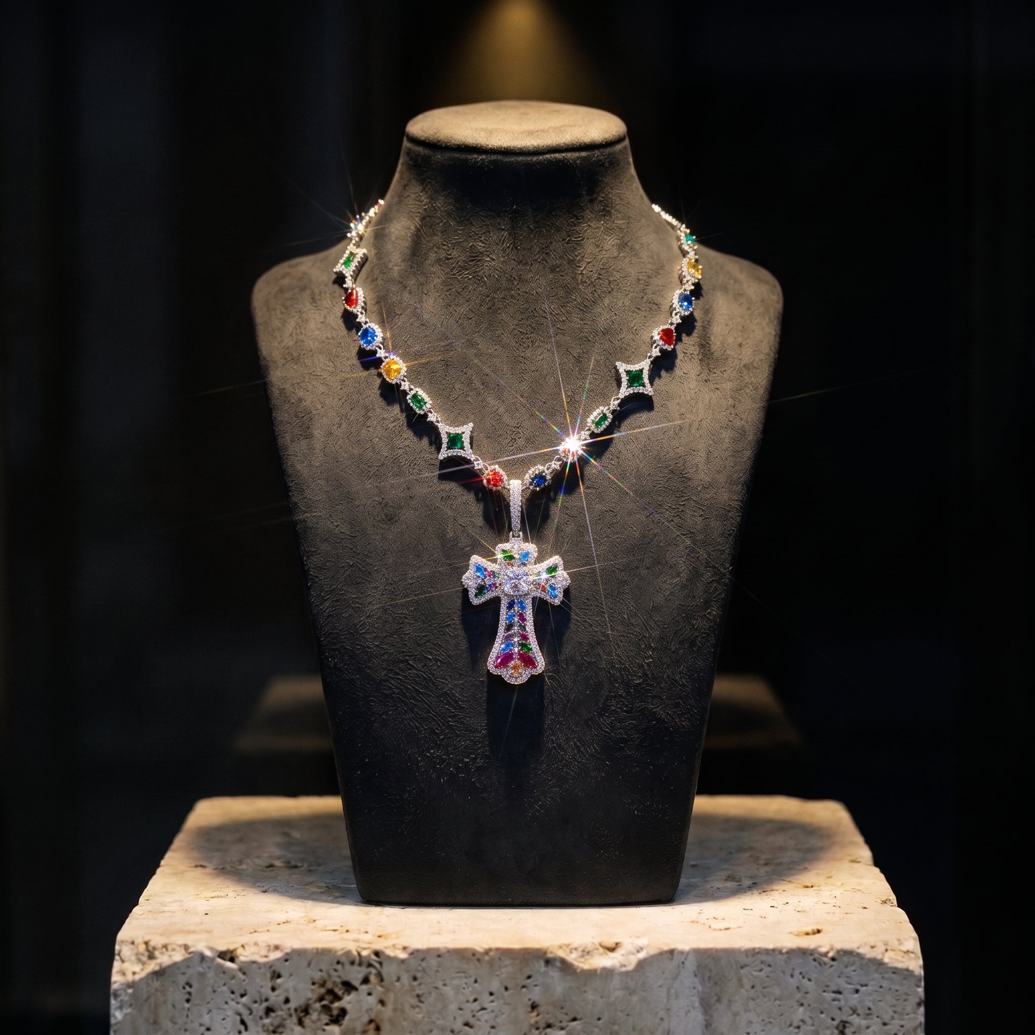 Pendentif croix glacée arc-en-ciel, finition argent